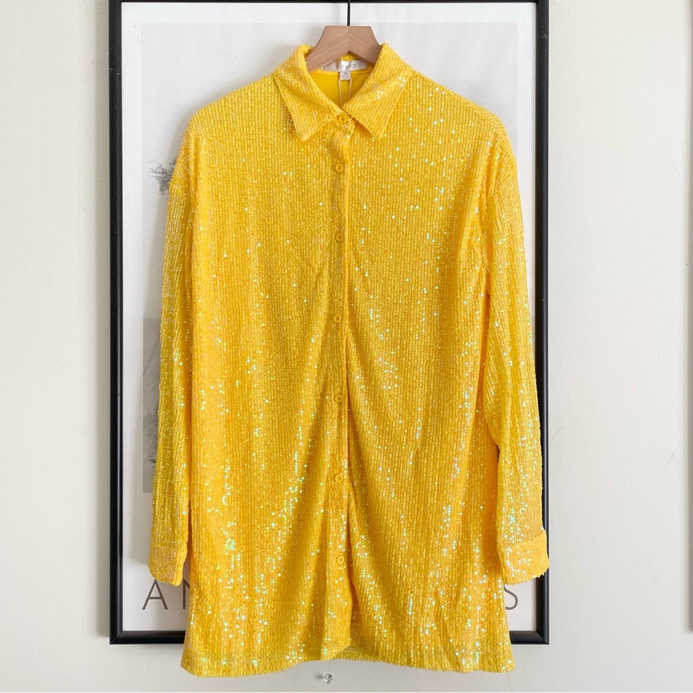 Anthropologie Sequin Tunic Shirt Dress Yellow XS Collared Button NWT - Picture 7 of 16